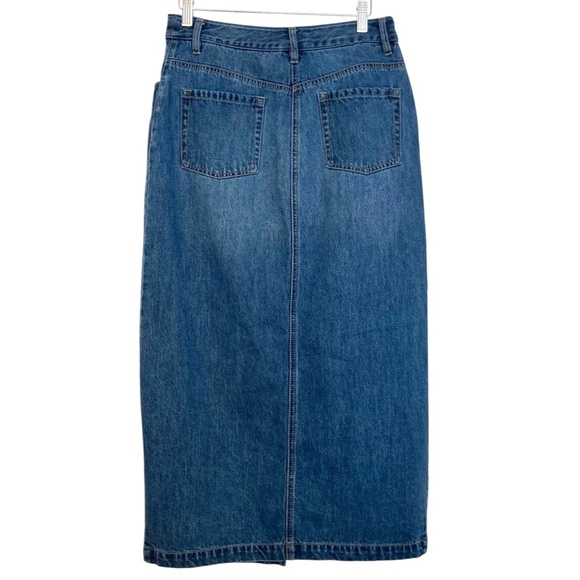 HOUSE OF HARLOW 1960 Denim Midi Pencil Skirt High Rise Split Front Blue - Picture 7 of 9